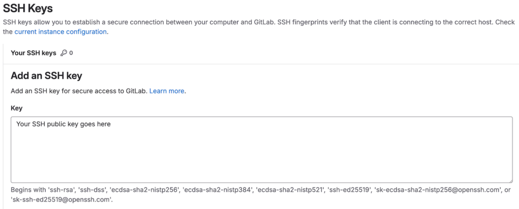 GitLab SSH key configuration menu