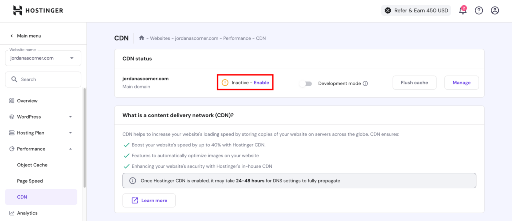 Hostinger CDN, highlighting the option to enable it