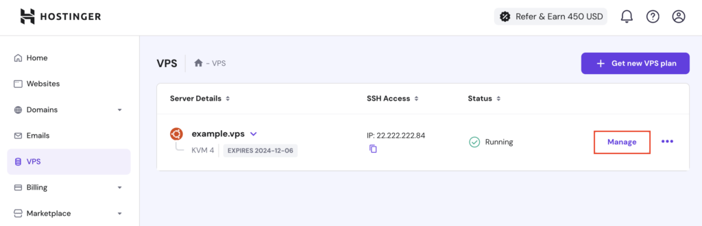 The Manage button in hPanel's VPS