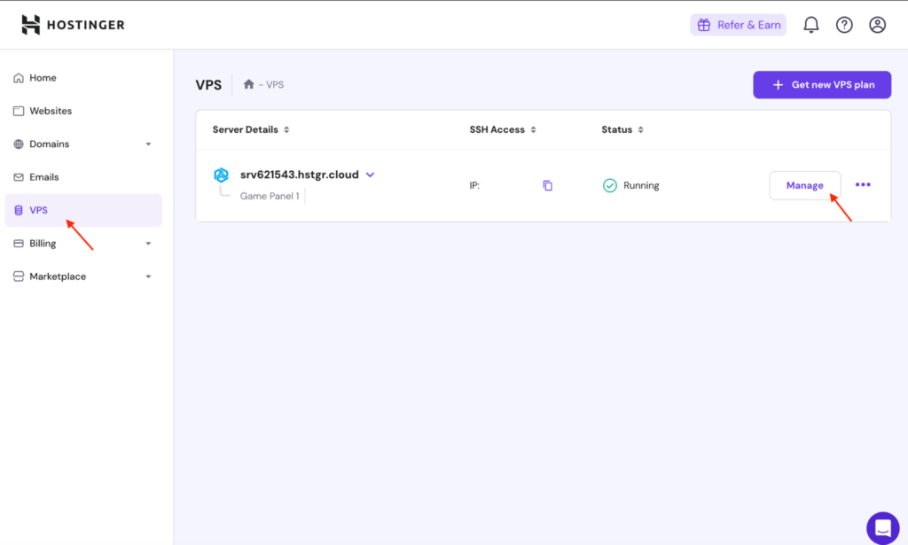 The Hostinger hPanel, showing the VPS section opened to reveal the Manage button where you can access the Hostinger Game Panel