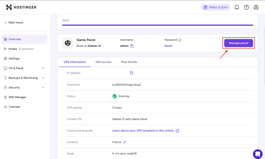 The Hostinger virtual private server (VPS) overview, showing the VPS information and the Manage panel button that allows you to log into your Hostinger Game Panel