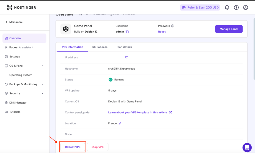 The Hostinger hPanel, showing the VPS Overview with the Reboot VPS button highlighted