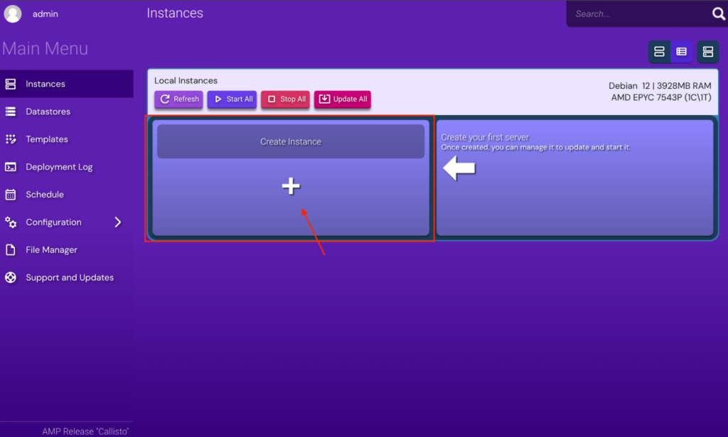 The Hostinger Game Panel main menu, showing the option to create a new instance to host a Minecraft server