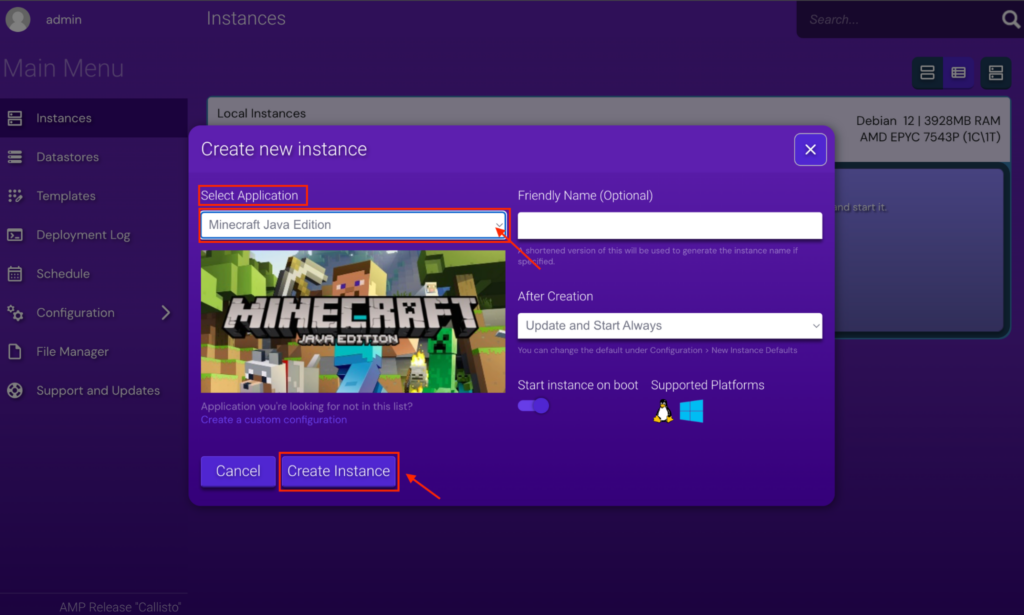 A pop-up window showing customizable settings for setting up a new Minecraft server instance, including which version of Minecraft to install