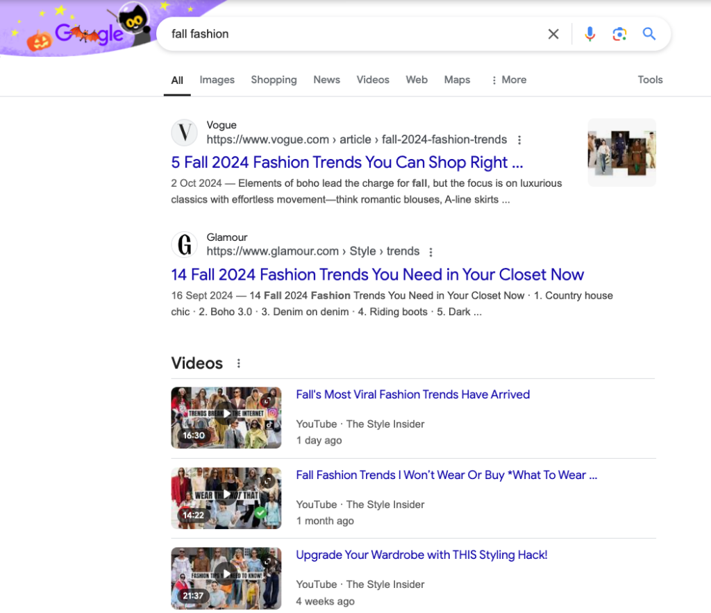 An example of a search engine results page in Google