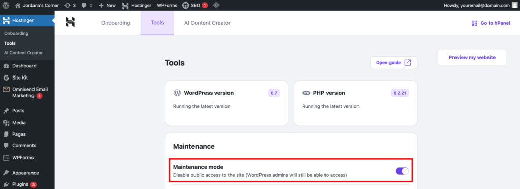 WordPress maintenance mode setting in Hostinger Tools plugin
