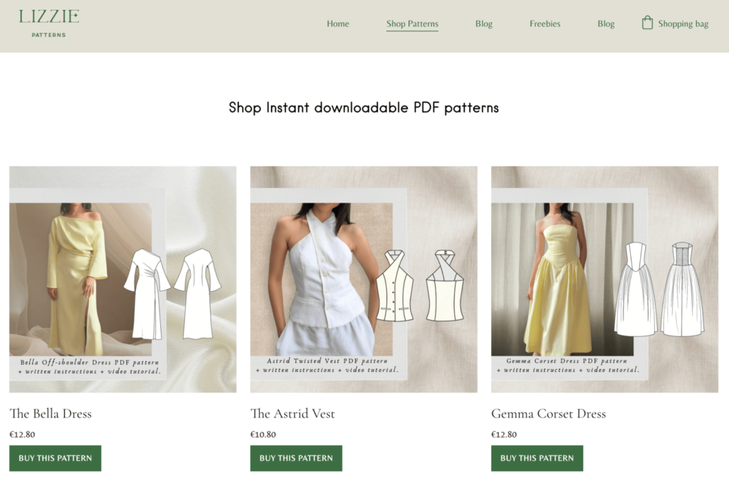 Product page of Lizzie Patterns