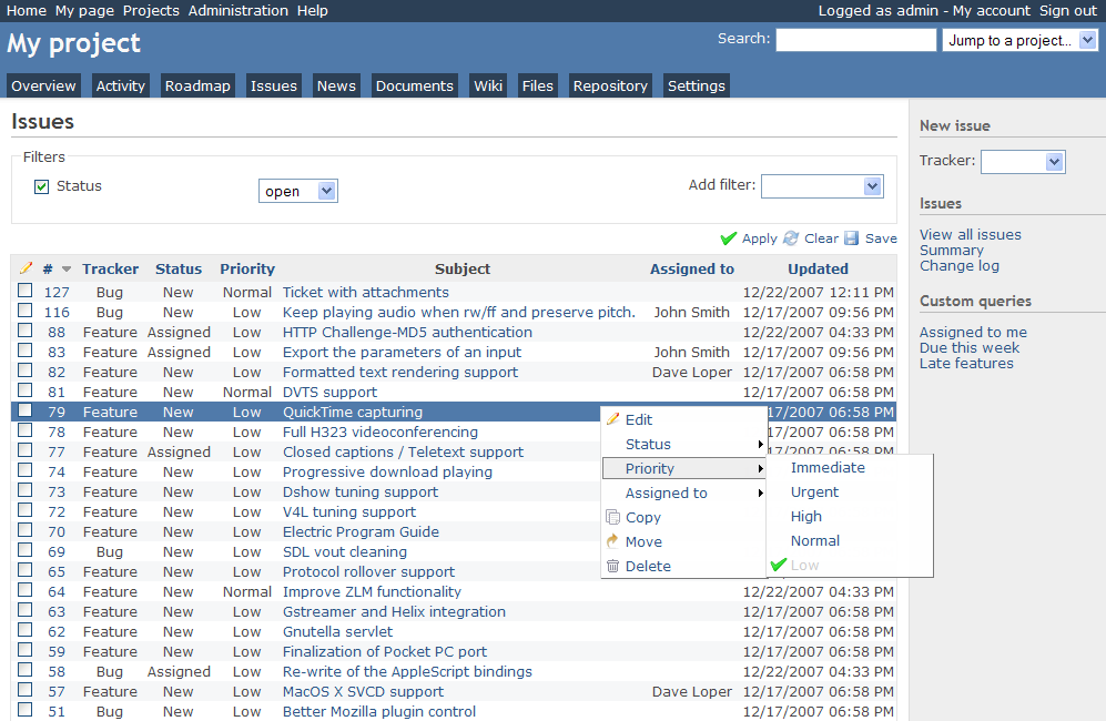 Redmine issues list