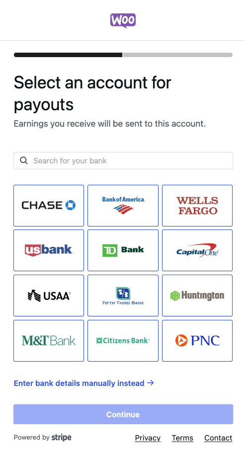 Choosing a bank to receive payouts from WooPayments